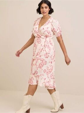 Torrid Size 1 Midi Swiss Dot Surplice Summer Dress Cream Pink Floral Paisley